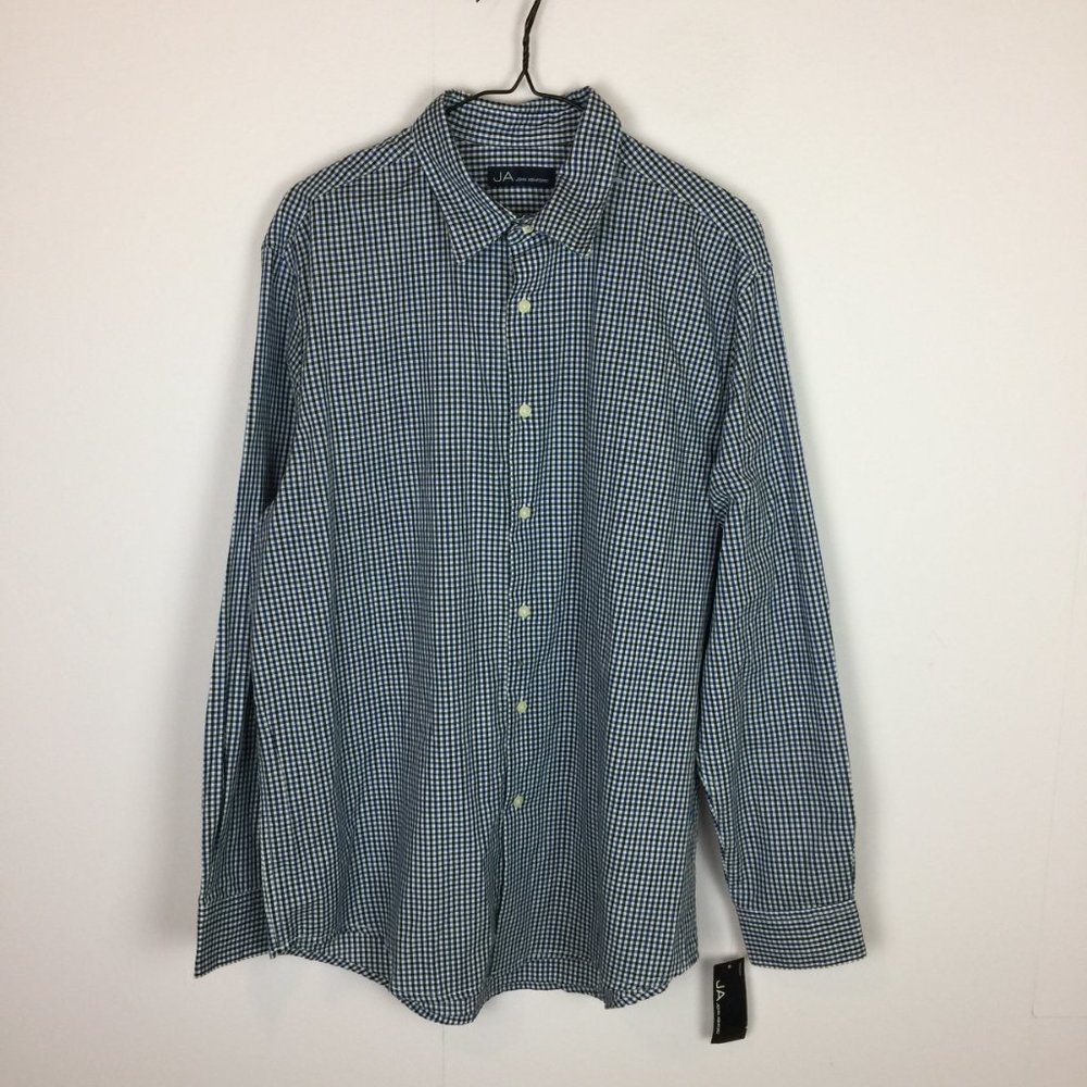 New! JA John Ashford Shirt L Mens Blue White Plaid Long Sleeve Button Up